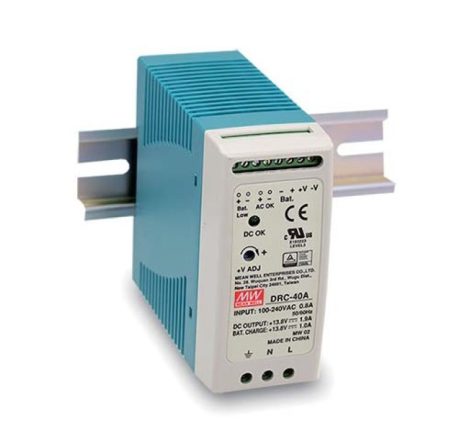 Mean Well DRC-40A Szünetmentes tápegység, 13,8V, 2,9A (1,9 + 1), 40W, DIN sínre szerelhető