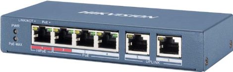 Hikvision DS-3E0106HP-E 6 portos PoE switch (60 W), 1 HiPoE + 3 PoE+(at) + 2 uplink port, nem menedzselhető