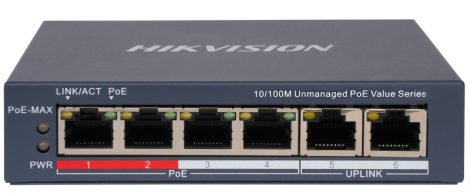 Hikvision DS-3E0106P-E/M (B) 6 portos PoE switch (45 W), 4 PoE+ / 2 uplink port, nem menedzselhető