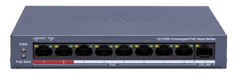 Hikvision DS-3E0109P-E/M (C) 9 portos PoE switch (80 W), 8 PoE + 1 uplink port, nem menedzselhető