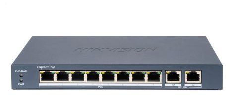 Hikvision DS-3E0310P-E/M (B) 10 portos PoE switch (80 W), 8 PoE+ / 2 uplink port, nem menedzselhető
