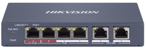 Hikvision DS-3E1106HP-EI 6 portos PoE switch (60 W), 1 HiPoE + 3 PoE+(at) + 2 uplink port, smart menedzselhető