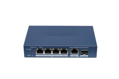 Hikvision DS-3E1506P-EI/M-4P1T1F 6 portos Gigabit PoE switch (45 W), 4 PoE + 1 RJ45 uplink port + 1 SFP uplink port, menedzselhető