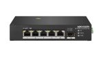   Hikvision DS-3T0306HP 6 portos ipari PoE switch (110 W), 4 PoE / 1 HiPoe+ / 1 RJ45 + 1 SFP uplink port, nem menedzselhető