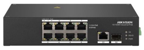 Hikvision DS-3T0310HP 10 portos ipari PoE switch (110 W), 6 PoE / 2 HiPoE+ / 1 RJ45 + 1 SFP uplink port, nem menedzselhető