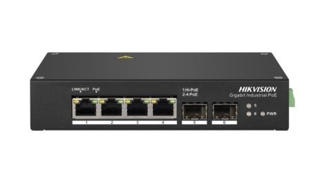 Hikvision DS-3T0506HP 6 portos ipari Gbit PoE switch (110 W), 3 PoE+ / 1 HiPoe+ / 2 SFP uplink port, nem menedzselhető