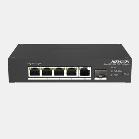 Hikvision DS-3T1306P-SI/HS 6 portos ipari 10/100 PoE switch (60 W), 4 PoE+ / 1 RJ45 + 1 SFP uplink port, menedzselhető