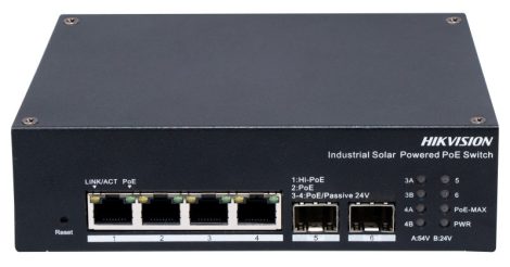 Hikvision DS-3T1506HP-EI-UPS 6 portos ipari Gbit PoE switch (120 W), 4 PoE+ / 2 SFP uplink port, 1 RS485 port, menedzselhető
