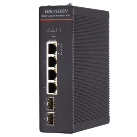 Hikvision DS-3T1506HP-SI-4P2F/No Power 6 portos ipari PoE switch (300 W), 4 PoE+/ 2 SFP uplink, menedzselhető, táp nélkül