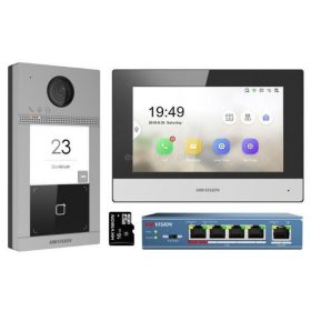   Hikvision DS-KIS604-S (C) Egylakásos IP video-kaputelefon szett, DS-KV8113-WME1(C)+DS-KH6320-WTE1 + PoE switch + 16GB microSD