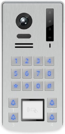 HONNOR SECURITY Video kaputelefon 4 hívógombos kültéri egység, vandálbiztos, nyomógombos kódzáras, kártyaolvasós, 110° 1080P CMOS kamerával, IP66