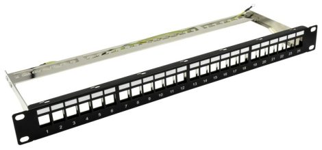 Nestron NRPP-KEY-124SF-H 19" keystone patch panel, 24 port, Cat5e/Cat6/Cat6A kompatibilis, árnyékolt, tehermentesítővel