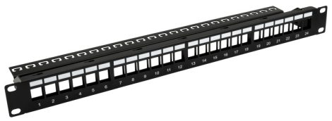 Nestron NRPP-KEY-124U-H 19" keystone patch panel, 24 port, Cat5e/Cat6/Cat6A kompatibilis, árnyékolatlan, tehermentesítővel