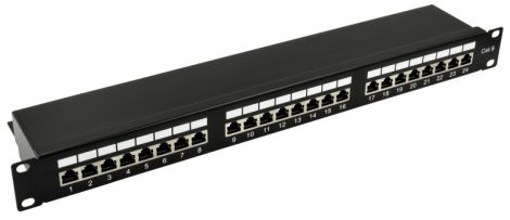 Nestron NRPP-RJ45-124SF-H 19" patch panel, 24 port, Cat6, árnyékolt, tehermentesítővel, dual IDC (Krone/110)