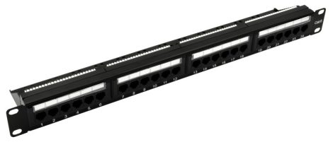 Nestron NRPP-RJ45-124U-H 19" patch panel, 24 port, Cat6, árnyékolatlan, tehermentesítővel, dual IDC (Krone/110)