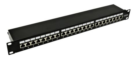 Nestron NRPP-RJ45-224SF-H 19" patch panel, 24 port, Cat6A, árnyékolt, tehermentesítővel, dual IDC (Krone/110)