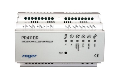  Roger PR411DR 35 mm-es DIN sínre szerelhető beléptetésvezérlő, egy átjáró kétirányú vezérlése, önálló vagy hálózatos működés