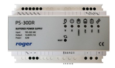  Roger PS-30DR 35 mm-es DIN sínre szerelhető kapcsolóüzemű tápegység, bemenet 230 Vac/50 Hz, 42 W