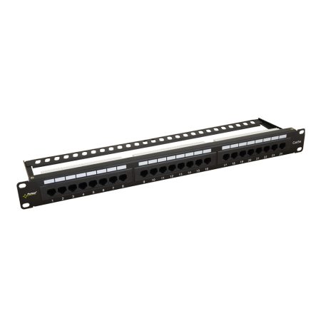 Pulsar RP-U24H5 19" patch panel, 24 port, cat5e, árnyékolatlan, tehermentesítővel, 180 fokos modulok