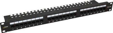 Pulsar RP-U24V5 19" patch panel, 24 port, cat5e, árnyékolatlan, tehermentesítővel, 90 fokos modulok