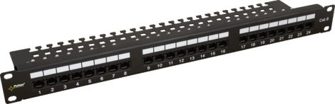 Pulsar RP-U24V6 19" patch panel, 24 port, cat6, árnyékolatlan, tehermentesítővel, 90 fokos modulok