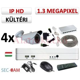   Sec-CAM 1.3MP IP - KÜLTÉRI KOMPAKT KAMERA - 4 KAMERÁS KOMPLETT KAMERARENDSZER - valódi 1.3 MegaPixel (HD 960p) biztonsági megfigyelő szett 