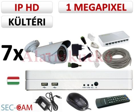 Sec-CAM 1MP IP - KÜLTÉRI KOMPAKT KAMERA - 7 KAMERÁS KOMPLETT KAMERARENDSZER - valódi 1 MegaPixel (HD 720p) biztonsági megfigyelő szett 