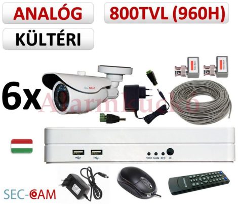 Sec-CAM 960H - 800-1200TVL (0.55MP) ANALÓG - KÜLTÉRI KOMPAKT KAMERA - 6 KAMERÁS KOMPLETT KAMERARENDSZER - biztonsági megfigyelő szett 