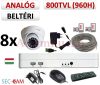 Sec-CAM 960H - 800-1200TVL (0.55MP) ANALÓG - BELTÉRI DÓM KAMERA - 8 KAMERÁS KOMPLETT KAMERARENDSZER - biztonsági megfigyelő szett