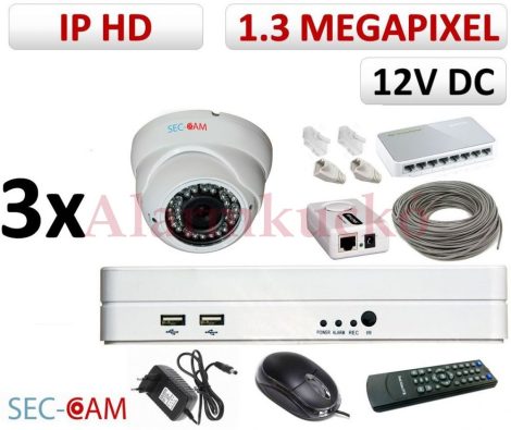 Sec-CAM 1.3MP IP - KÜLTÉRI / BELTÉRI DÓM KAMERA - 3 KAMERÁS KOMPLETT KAMERARENDSZER - valódi 1.3 MegaPixel (HD 960p) biztonsági megfigyelő szett 