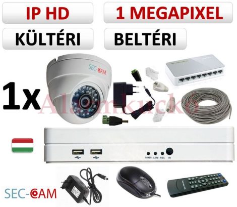 Sec-CAM 1MP IP - KÜLTÉRI / BELTÉRI DÓM KAMERA - 1 KAMERÁS KOMPLETT KAMERARENDSZER - valódi 1 MegaPixel (HD 720p) biztonsági megfigyelő szett 