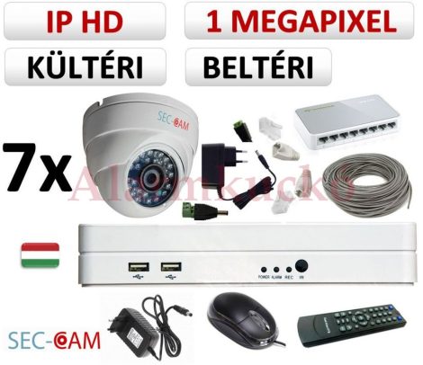 Sec-CAM 1MP IP - KÜLTÉRI / BELTÉRI DÓM KAMERA - 7 KAMERÁS KOMPLETT KAMERARENDSZER - valódi 1 MegaPixel (HD 720p) biztonsági megfigyelő szett 