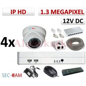   Sec-CAM 1.3MP IP - KÜLTÉRI / BELTÉRI DÓM KAMERA - 4 KAMERÁS KOMPLETT KAMERARENDSZER - valódi 1.3 MegaPixel (HD 960p) biztonsági megfigyelő szett