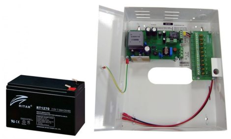 Sec-CAM SC-PS1205SM/10, 5.000mA fémházas SZÜNETMENTES tápegység, 10 csatornás tápfeszültség elosztóval, 12V DC, 12V/7Ah akkuval (kamerákhoz)