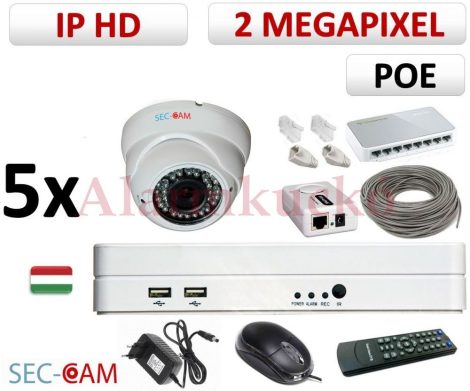 Sec-CAM 2MP 12V DC IP - KÜLTÉRI / BELTÉRI DÓM KAMERA - 5 KAMERÁS KOMPLETT KAMERARENDSZER - valódi 2 MegaPixel (FULL HD 1080p) biztonsági megfigyelő szett - NETPEARL NVR