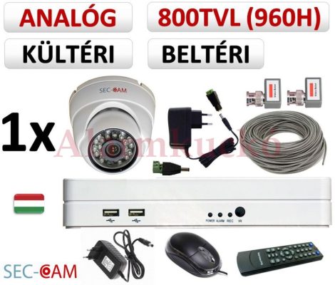 Sec-CAM 960H - 800-1200TVL (0.55MP) ANALÓG - KÜLTÉRI/BELTÉRI DÓM KAMERA - 1 KAMERÁS KOMPLETT KAMERARENDSZER - biztonsági megfigyelő szett 