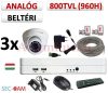 Sec-CAM 960H - 800-1200TVL (0.55MP) ANALÓG - BELTÉRI DÓM KAMERA - 3 KAMERÁS KOMPLETT KAMERARENDSZER - biztonsági megfigyelő szett