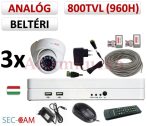   Sec-CAM 960H - 800-1200TVL (0.55MP) ANALÓG - BELTÉRI DÓM KAMERA - 3 KAMERÁS KOMPLETT KAMERARENDSZER - biztonsági megfigyelő szett