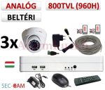   Sec-CAM 960H - 800-1200TVL (0.55MP) ANALÓG - BELTÉRI DÓM KAMERA - 3 KAMERÁS KOMPLETT KAMERARENDSZER - biztonsági megfigyelő szett