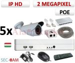   Sec-CAM 2MP 12V DC IP - KÜLTÉRI KOMPAKT KAMERA - 5 KAMERÁS KOMPLETT KAMERARENDSZER - valódi 2 MegaPixel (FULL HD 1080p) biztonsági megfigyelő szett - NVR