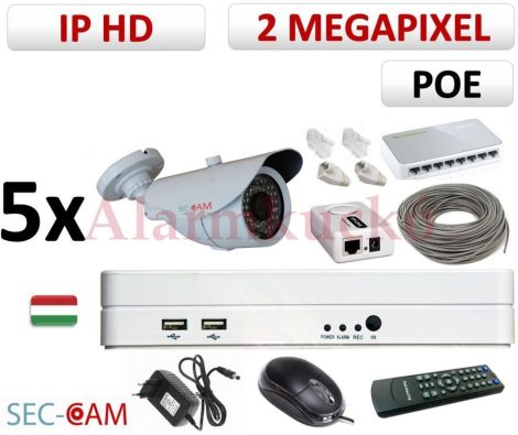 Sec-CAM 2MP 12V DC IP - KÜLTÉRI KOMPAKT KAMERA - 5 KAMERÁS KOMPLETT KAMERARENDSZER - valódi 2 MegaPixel (FULL HD 1080p) biztonsági megfigyelő szett - NVR