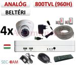   Sec-CAM 960H - 800-1200TVL (0.55MP) ANALÓG - BELTÉRI DÓM KAMERA - 4 KAMERÁS KOMPLETT KAMERARENDSZER - biztonsági megfigyelő szett