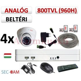   Sec-CAM 960H - 800-1200TVL (0.55MP) ANALÓG - BELTÉRI DÓM KAMERA - 4 KAMERÁS KOMPLETT KAMERARENDSZER - biztonsági megfigyelő szett