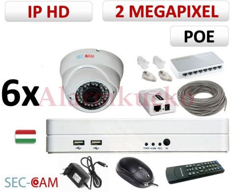 Sec-CAM 2MP 12V DC IP - KÜLTÉRI / BELTÉRI DÓM KAMERA - 6 KAMERÁS KOMPLETT KAMERARENDSZER - valódi 2 MegaPixel (FULL HD 1080p) biztonsági megfigyelő szett - NETPEARL NVR 