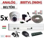   Sec-CAM 960H - 800-1200TVL (0.55MP) ANALÓG - BELTÉRI DÓM KAMERA - 5 KAMERÁS KOMPLETT KAMERARENDSZER - biztonsági megfigyelő szett 