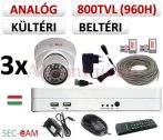   Sec-CAM 960H - 800-1200TVL (0.55MP) ANALÓG - KÜLTÉRI/BELTÉRI DÓM KAMERA - 3 KAMERÁS KOMPLETT KAMERARENDSZER - biztonsági megfigyelő szett 