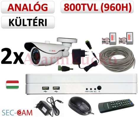 Sec-CAM 960H - 800-1200TVL (0.55MP) ANALÓG - KÜLTÉRI KOMPAKT KAMERA - 2 KAMERÁS KOMPLETT KAMERARENDSZER - biztonsági megfigyelő szett