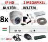 Sec-CAM 1MP IP - KÜLTÉRI / BELTÉRI DÓM KAMERA - 8 KAMERÁS KOMPLETT KAMERARENDSZER - valódi 1 MegaPixel (HD 720p) biztonsági megfigyelő szett 