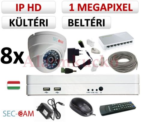 Sec-CAM 1MP IP - KÜLTÉRI / BELTÉRI DÓM KAMERA - 8 KAMERÁS KOMPLETT KAMERARENDSZER - valódi 1 MegaPixel (HD 720p) biztonsági megfigyelő szett 