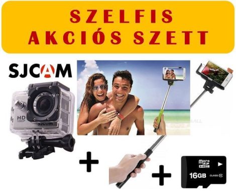 1db SJCAM SJ4000 akciókamera, 1db Micro SD kártya (16GB), 1db SJ/GP-115 szelfibot 